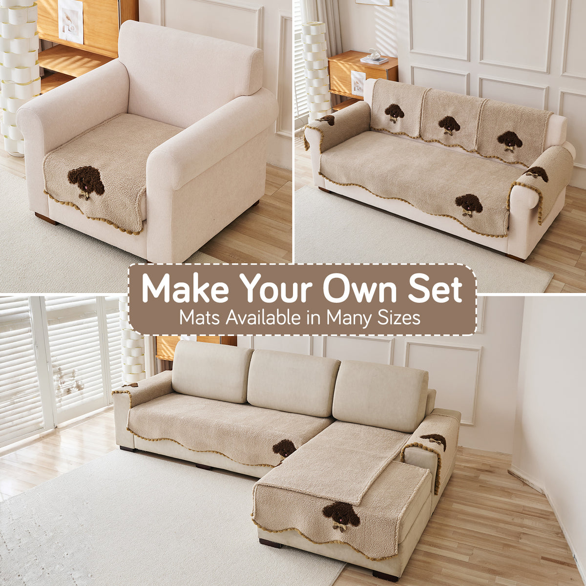 CloudHug Plush Sofa Cover Mat with PomPom and Wavy Edges, Vanilla Latte