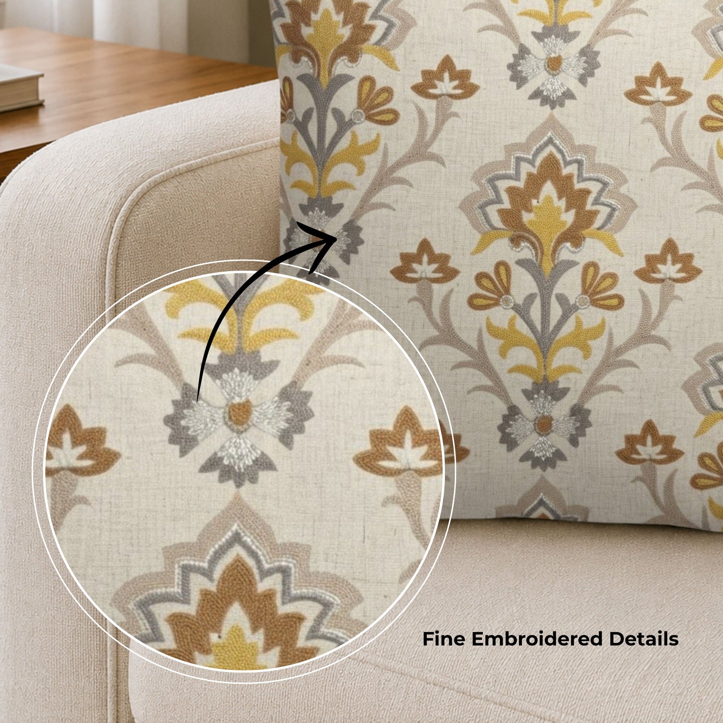 HOKIPO Heritage Bloom Embroidered Cushion Cover 16x16 in, Mustard & Ivory