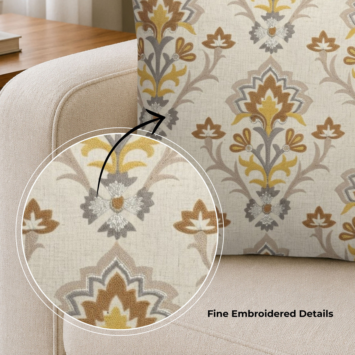 HOKIPO Heritage Bloom Embroidered Cushion Cover 16x16 Inch, Mustard & Ivory