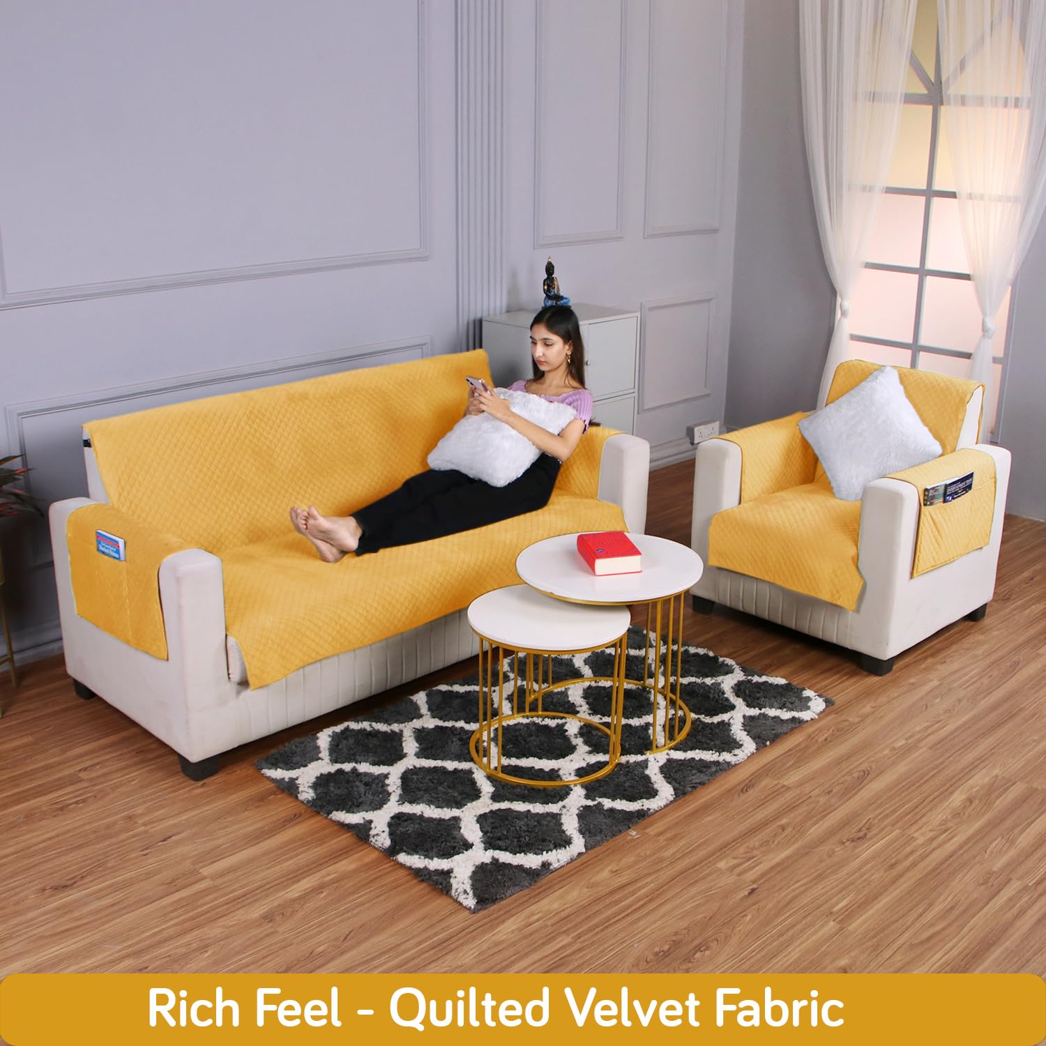 Quilted Velvet Sofa Cover Mat with Side Pockets, Pet Friendly, Mustard Yellow