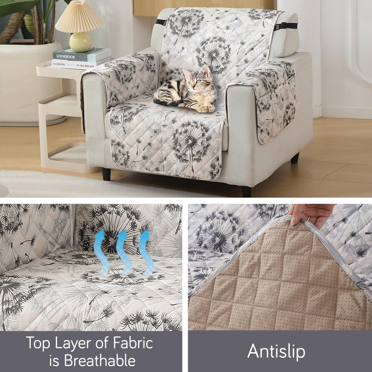 Dandelion Anchor Grey Fabric & Anti-slip quilted waterproof single seater sofa cover | Hokipo