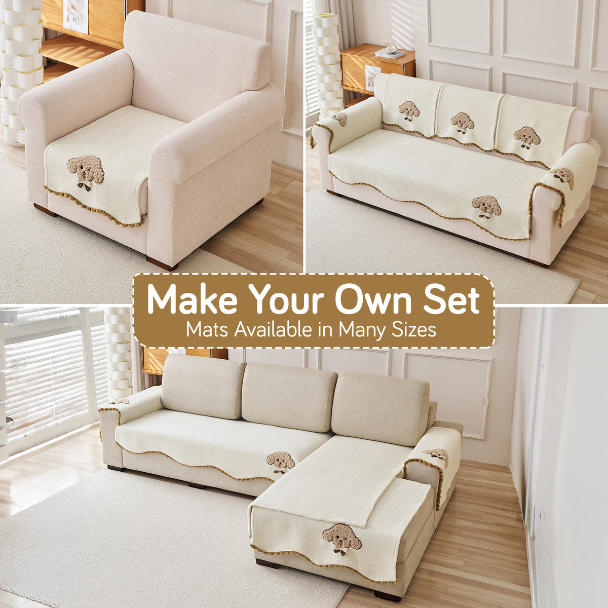 CloudHug Plush Sofa Cover Mat with PomPom and Wavy Edges, Ivory Cream