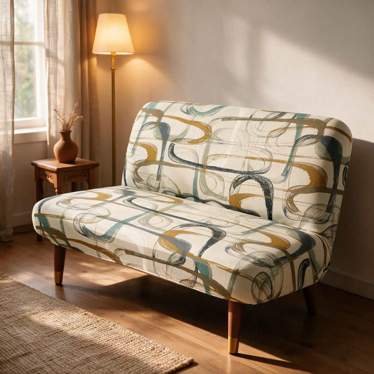 Elira Series Stretchable Elastic Armless Sofa Cover – 140 GSM, Futon Slipcover, Easy Fit, Parchement Beige Abstract Art