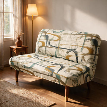 Elira Series Stretchable Elastic Armless Sofa Cover – 140 GSM, Futon Slipcover, Easy Fit, Parchement Beige Abstract Art