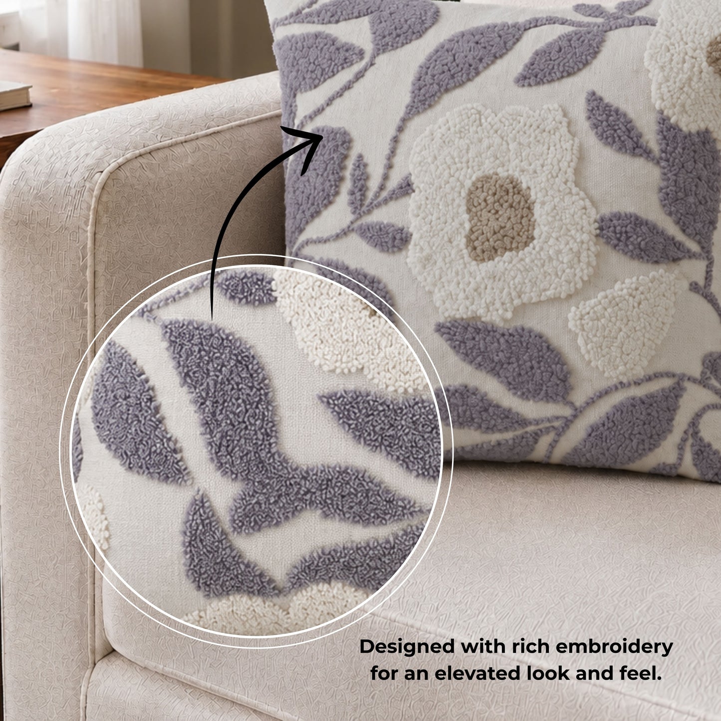 HOKIPO Abstract Floral Tufted Cushion Cover 16x16 Inch for Sofa, Lavender Grey & Ivory