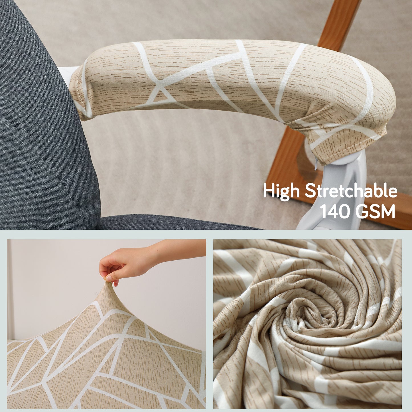 140gsm Printed Armrest Covers for Office Chair (Zipper Style), 1 Pair, Beige Abstract Geometry