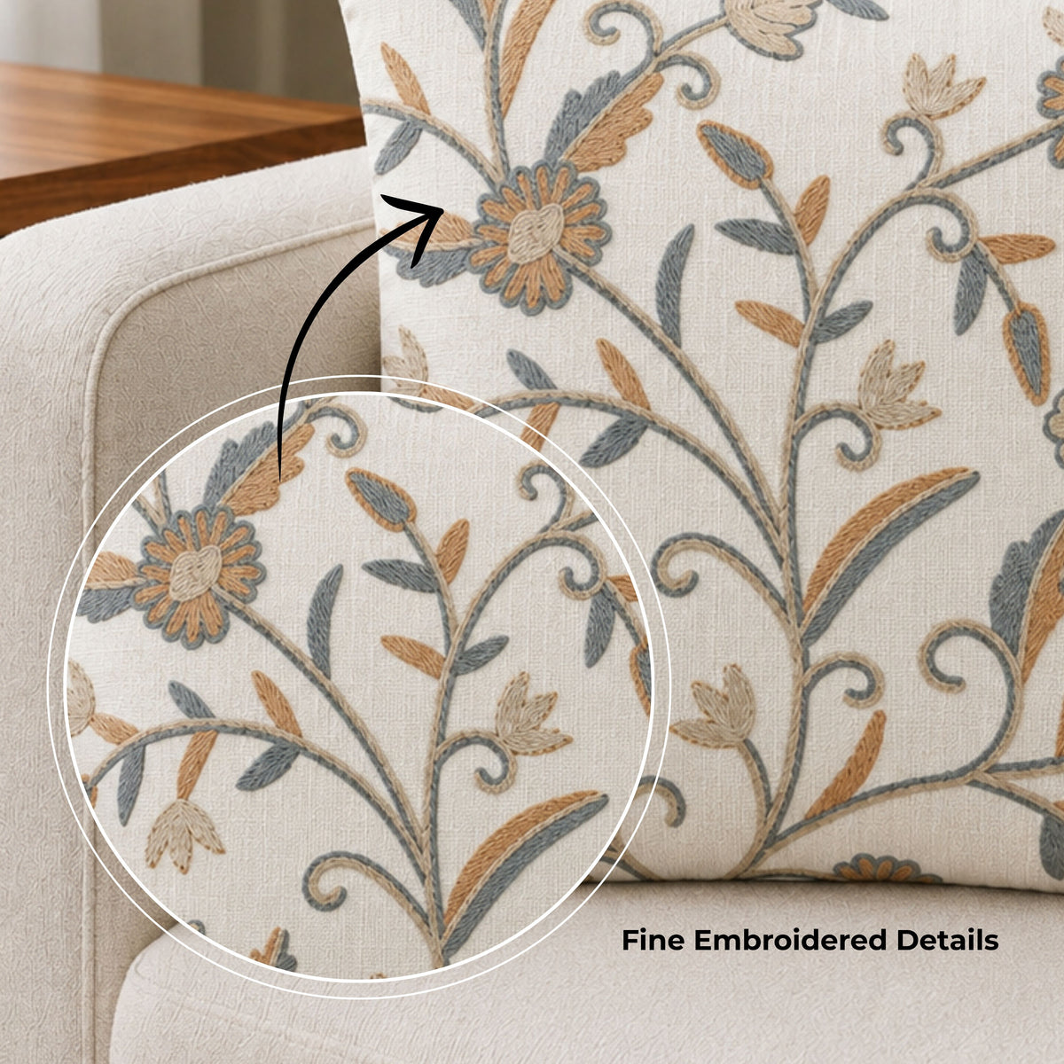 HOKIPO Floral Embroidered Cushion Cover 16x16 Inch, Ochre & Brown