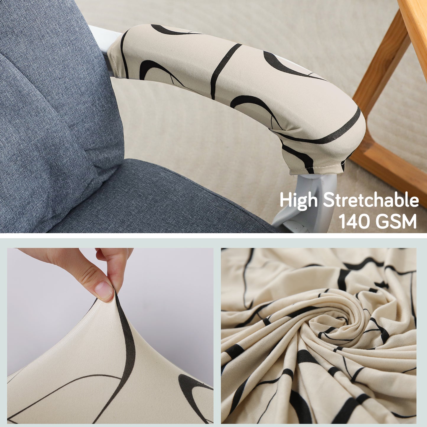 140gsm Printed Armrest Covers for Office Chair (Zipper Style), 1 Pair, Natural Beige Abstract Art