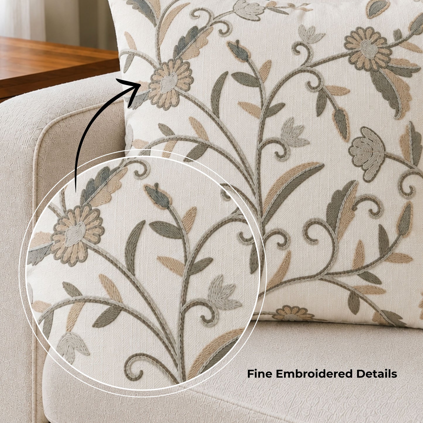 HOKIPO Floral Embroidered Cushion Cover in, Beige & Ivory