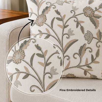 HOKIPO Floral Embroidered Cushion Cover in, Beige & Ivory