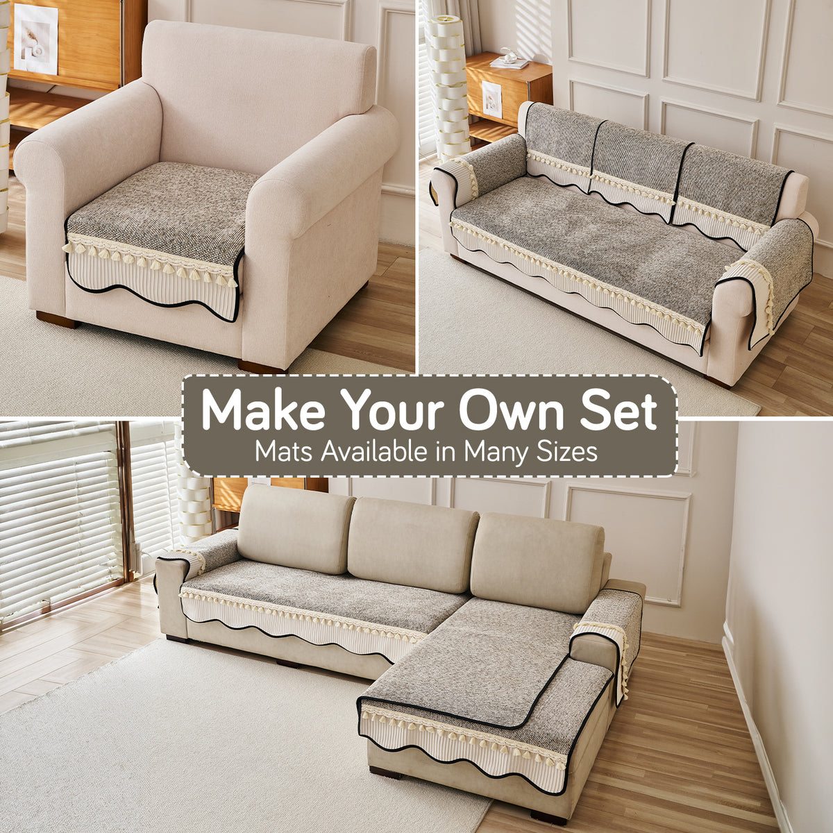 'Wavy Royale Series' Thick Woven Weave Chenille Sofa Cover with Tassel, Taupe Mist