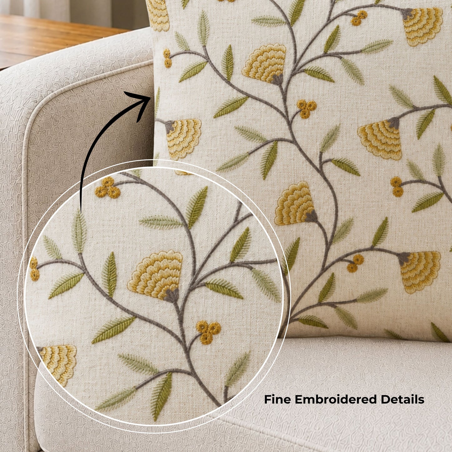 HOKIPO Botanical Embroidered Cushion Cover 16x16 in, Mustard