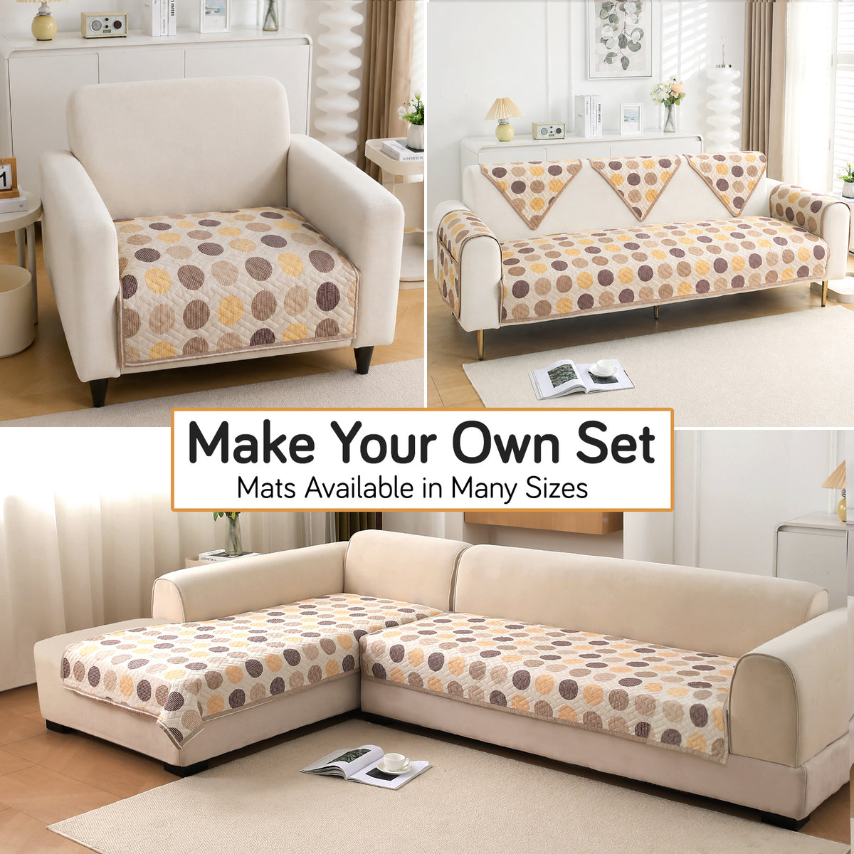 'Homehues' Printed Quilted Sofa Cover Mats, Brown Polka Dot