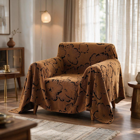 'Camellia Blossom Series' Luxury Plush Sofa Cover Throw, Rustic Caramel