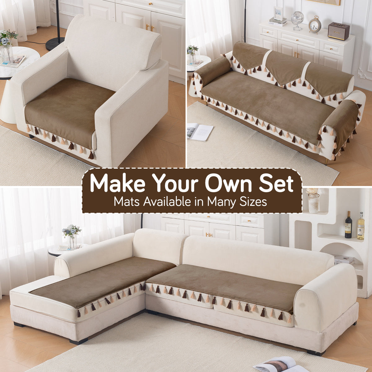 Tassel Tone Holland Velvet Sofa Cover Mat, Warm Taupe