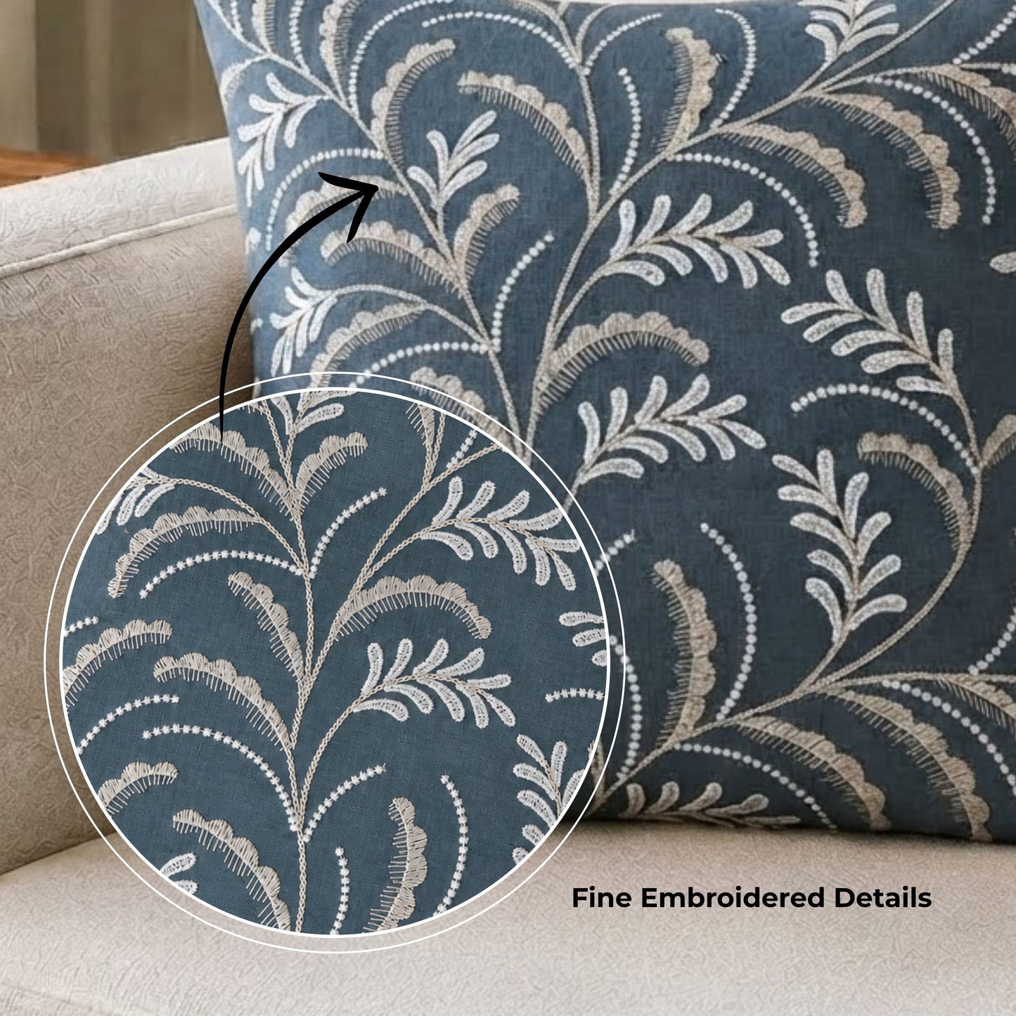 HOKIPO Leaf Trail Embroidered Cushion Cover 16x16 in, Charcoal