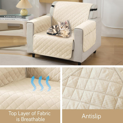 Quilted Waterproof Sofa Cover Mat with Pockets on Armrest Cover - Cream