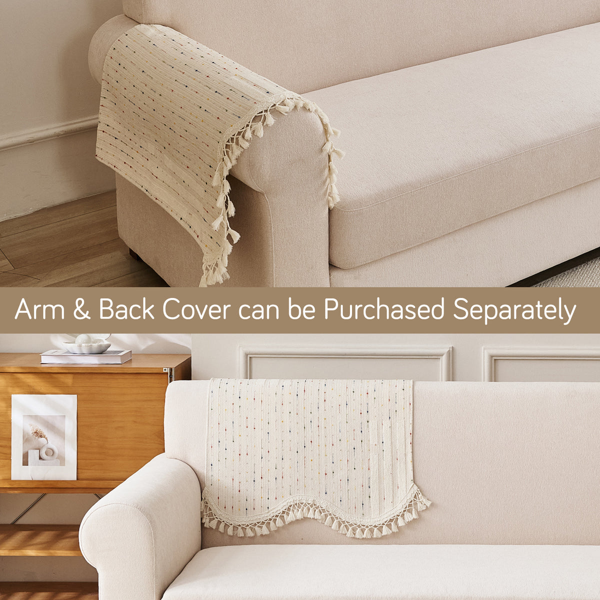 DreamWave Chenille with Tassels Sofa Cover Mat, Latte Beige