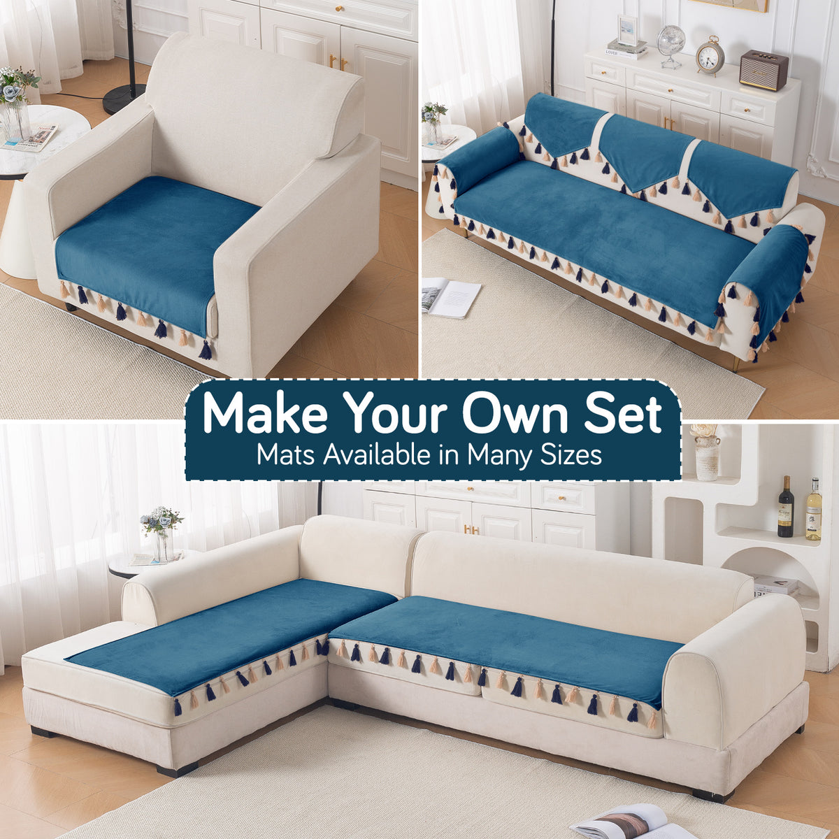 Tassel Tone Holland Velvet Sofa Cover Mat, Sea Blue