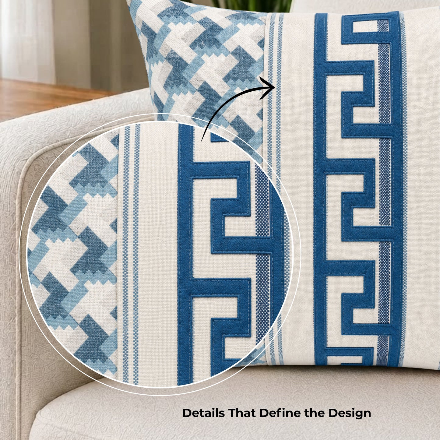 HOKIPO Modern Pattern Cushion Cover | 16x16 Inch | Modern Throw Pillow Cover, Blue & Ivory