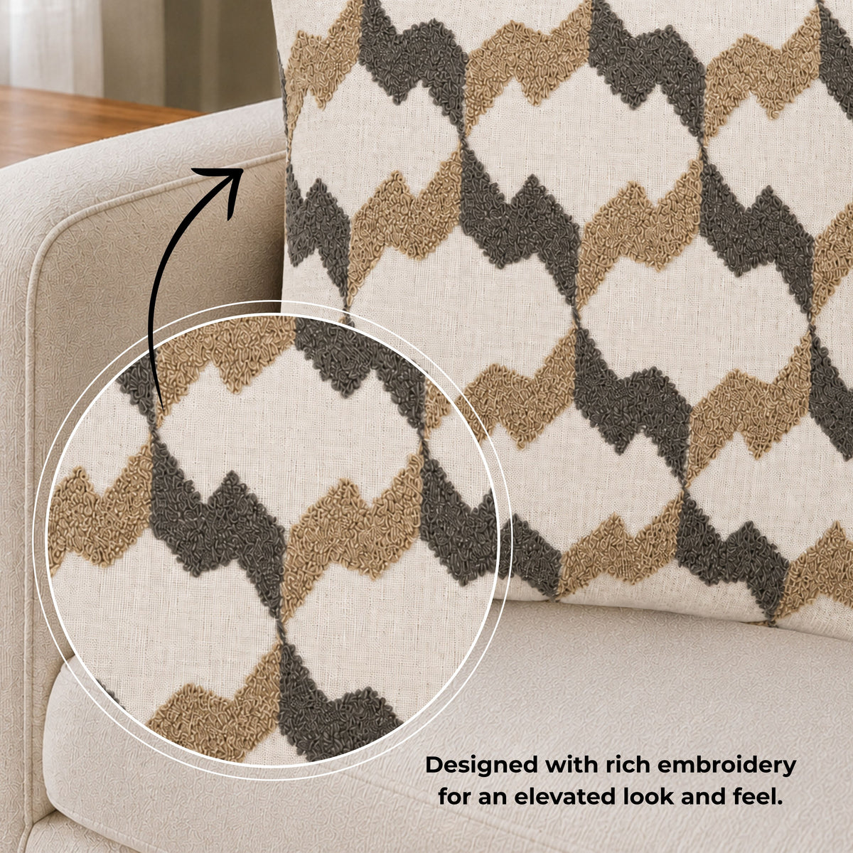 HOKIPO Embroidered Cushion Cover 16x16 Inch for Sofa, Beige & Charcoal