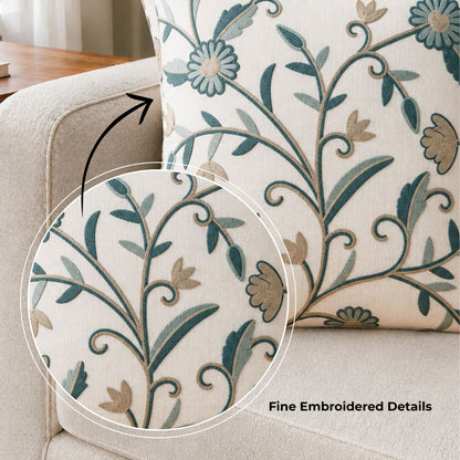 HOKIPO Floral Embroidered Cushion Cover 16x16 in, Teal & Beige