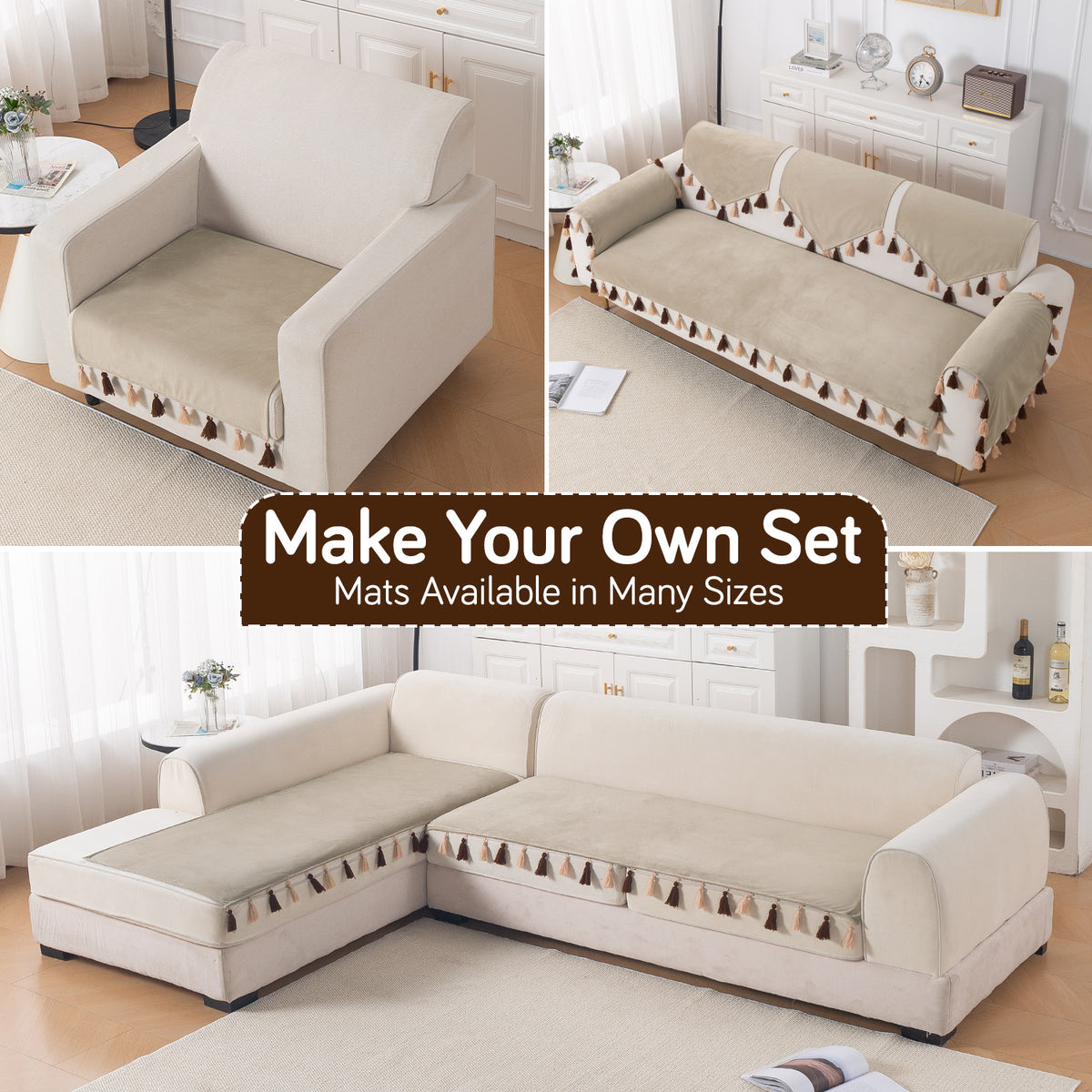 Tassel Tone Holland Velvet Sofa Cover Mat, Sand Beige