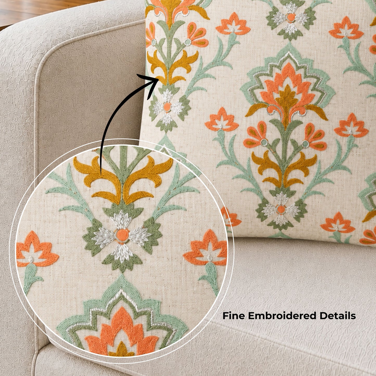 HOKIPO Heritage Bloom Embroidered Cushion Cover 16x16 in, Orange & Ivory
