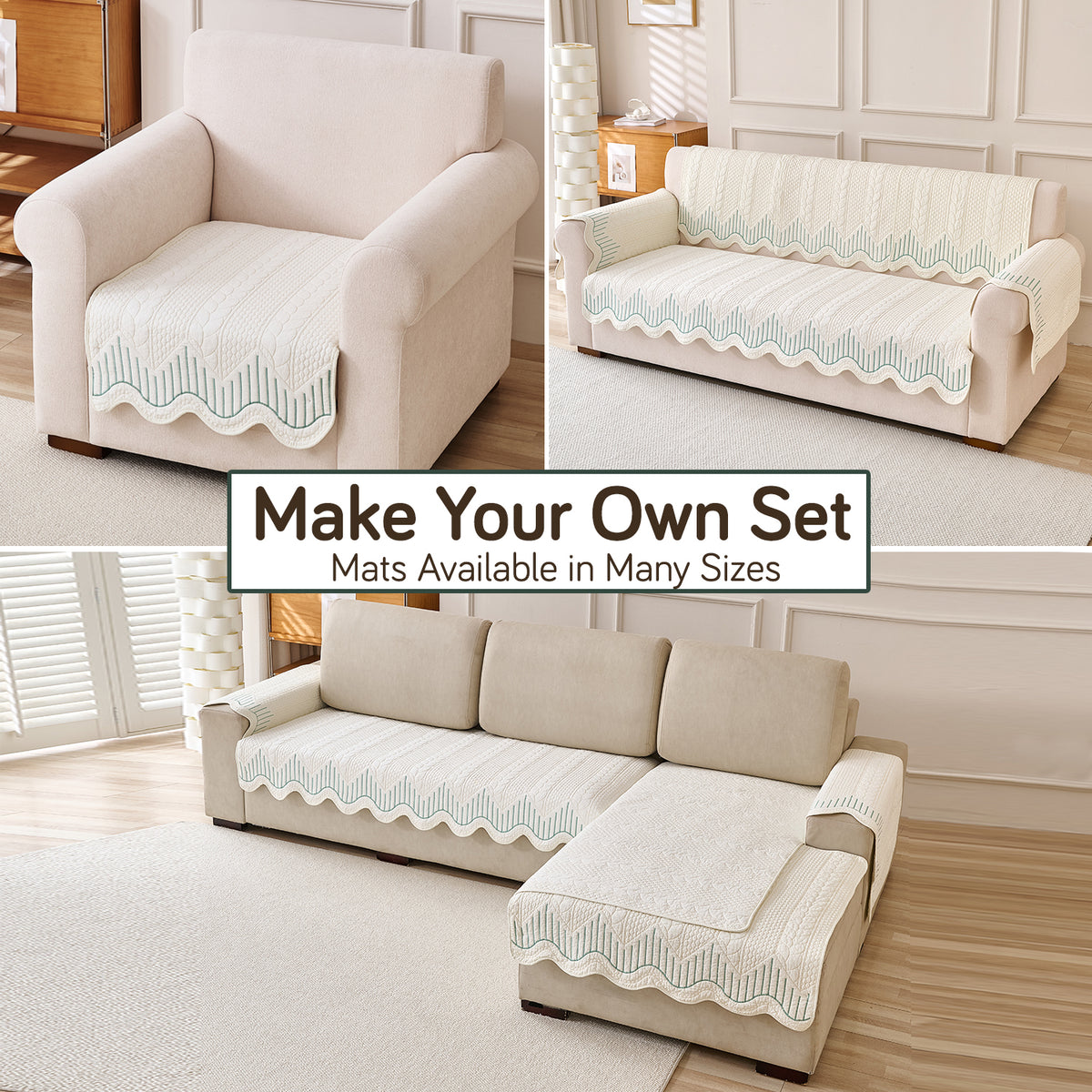 Cotton Reverie with a Curved Wavy Edge Sofa Mat, Greenish Cream