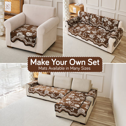 Chenille Sofa Cover Mat with Curvy Edges, 'Retro Curves Series' Sofa Mat, Walnut Brown