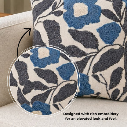 HOKIPO Abstract Floral Tufted Cushion Cover 16x16 Inch for Sofa, Blue & Grey