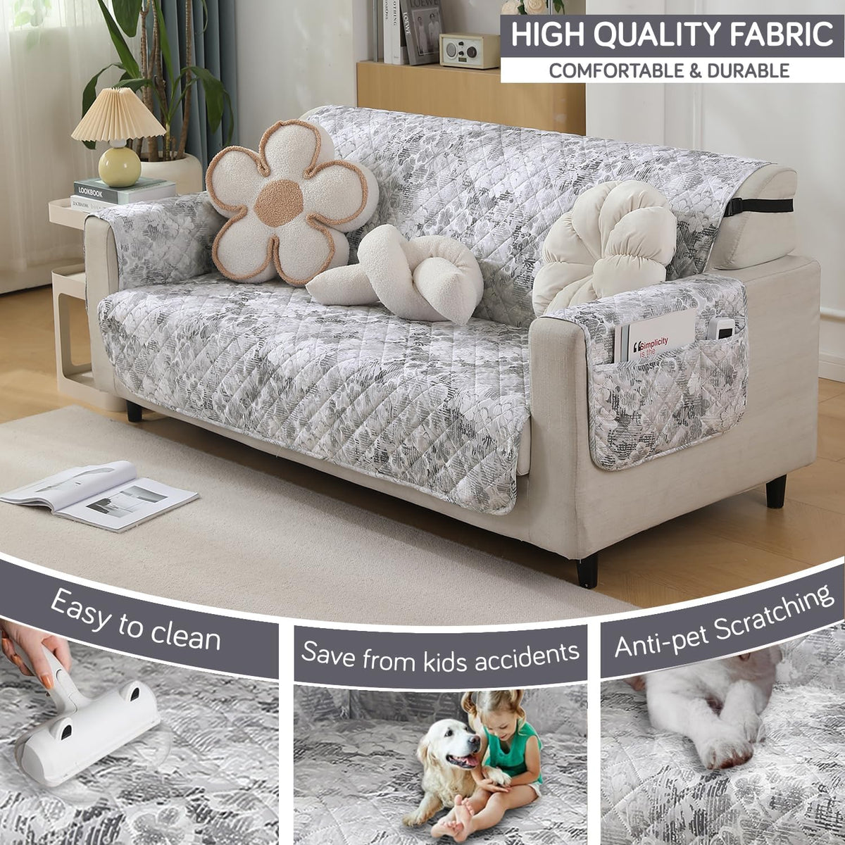 Abstract Pale Grey print 3 seater quilted waterproof sofa cover - Comfortable & durable | Hokipo