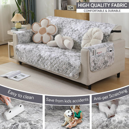 Quilted Waterproof Sofa Cover Mat with Pockets on Armrest Cover - Abstract Pale Grey