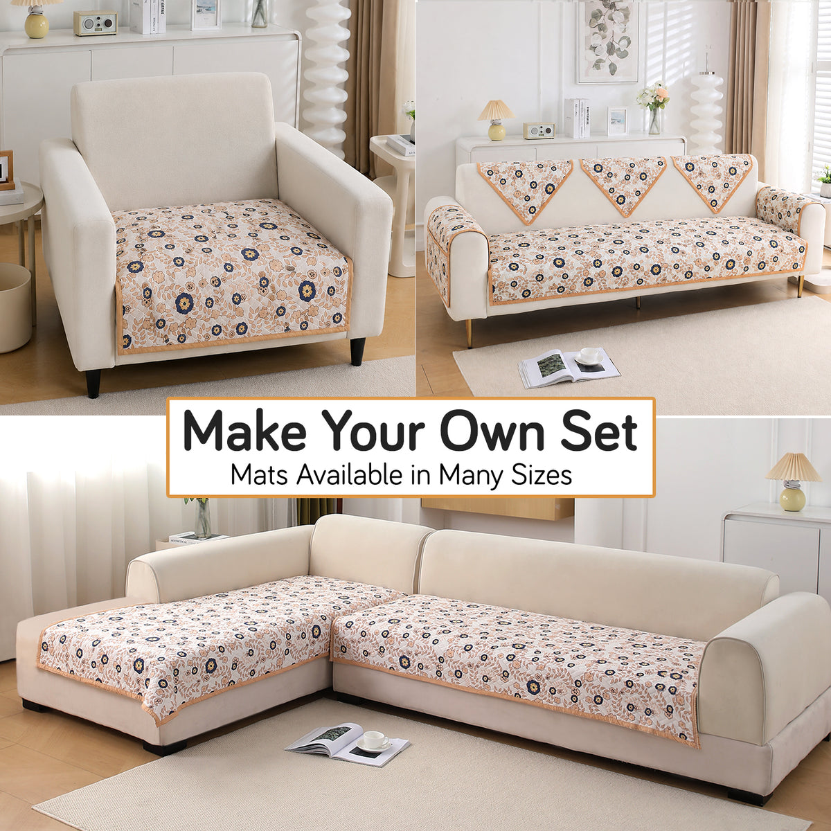 'Homehues' Printed Quilted Sofa Cover Mats,Light Peach Candytuft