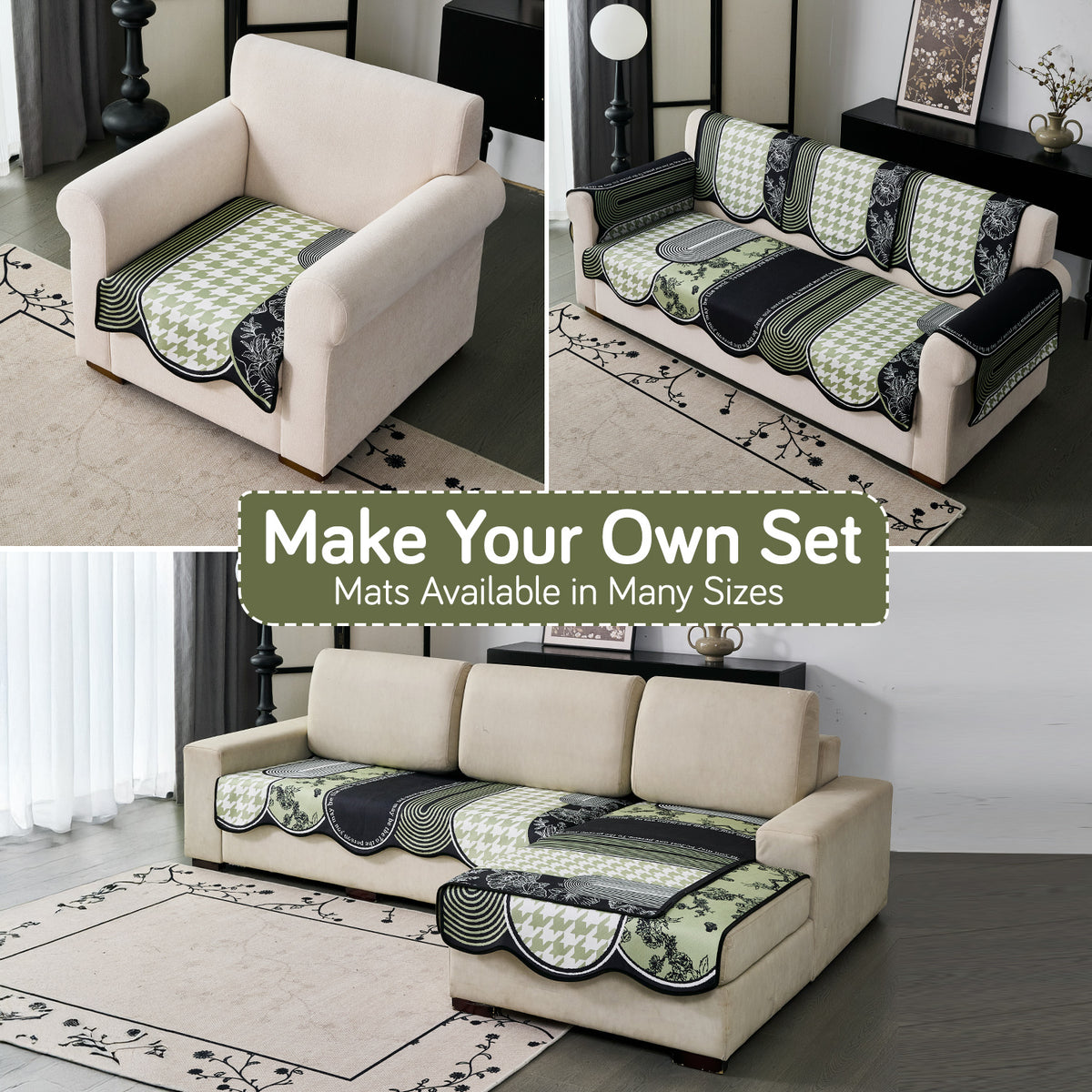 Arcea Chenille With Curved Edges Sofa Cover Mat, Sage Curve