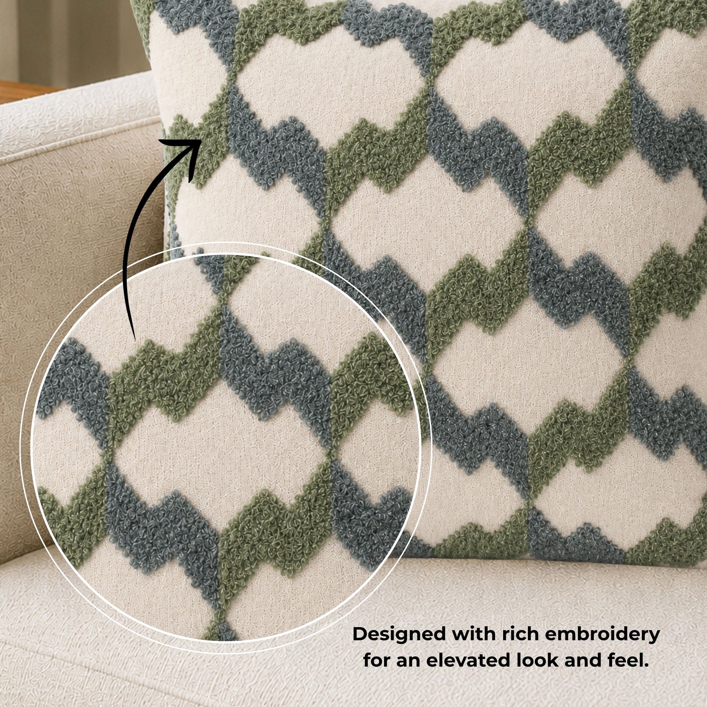 HOKIPO Embroidered Cushion Cover 16x16 Inch for Sofa, Green & Grey