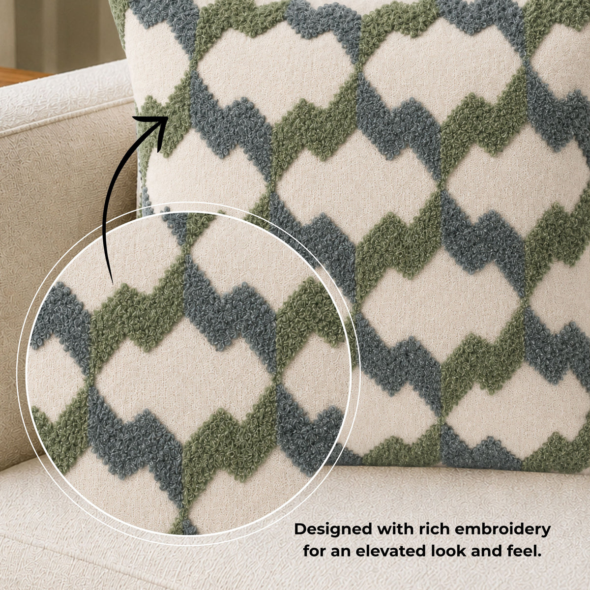 HOKIPO Embroidered Cushion Cover 16x16 Inch for Sofa, Green & Grey