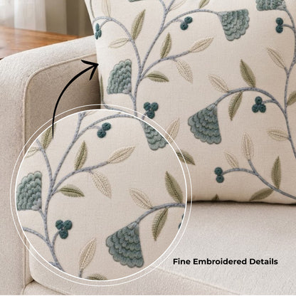 HOKIPO Botanical Embroidered Cushion Cover 16x16 in, Teal