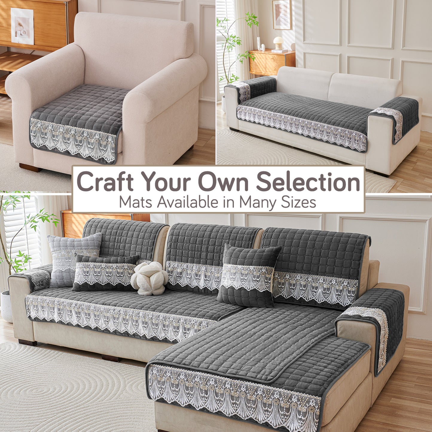 BelleLace Series Imperial Milk Velvet Sofa Cover Mat with Lace Design - Porpoise Grey