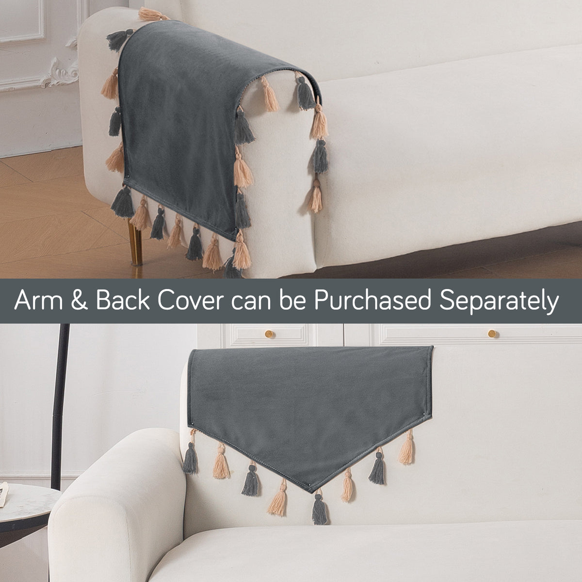 Tassel Tone Holland Velvet Sofa Cover Mat, Graphite Grey