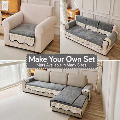 'Wavy Royale Series' Thick Woven Weave Chenille Sofa Cover with Tassel, Moon Grey