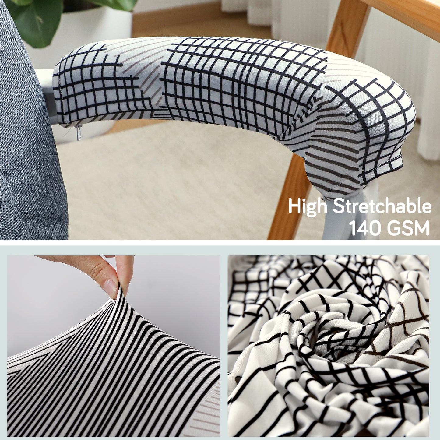 140gsm Printed Armrest Covers for Office Chair (Zipper Style), 1 Pair, Snow White Black Geometry