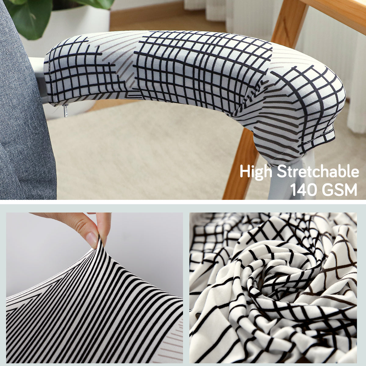 140gsm Printed Armrest Covers for Office Chair (Zipper Style), 1 Pair, Snow White Black Geometry
