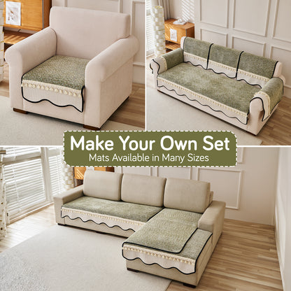 Thick Woven Weave Chenille Sofa Cover with Tassel|'Wavy Royale Series' Sage Green