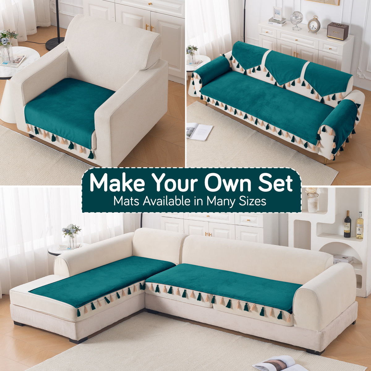 Tassel Tone Holland Velvet Sofa Cover Mat, Teal
