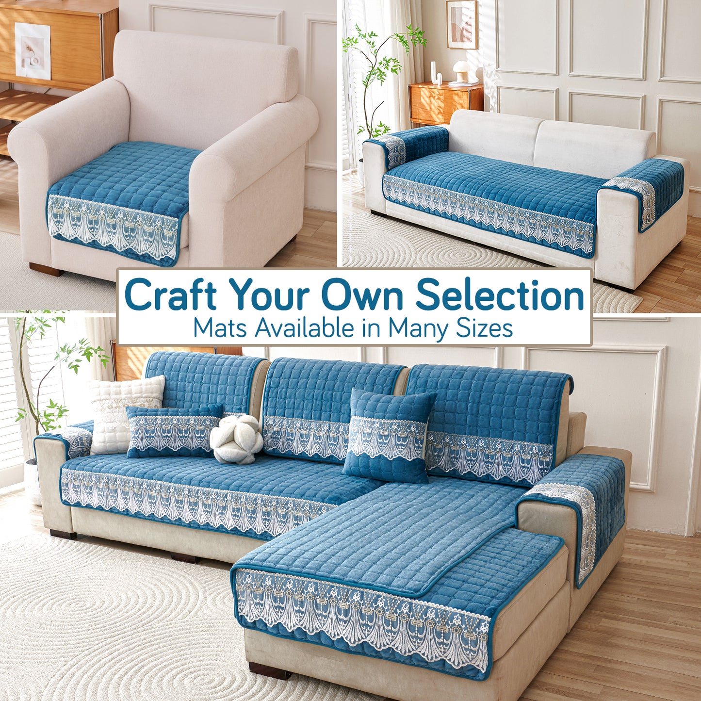 BelleLace Series Imperial Milk Velvet Sofa Cover Mat with Lace Design - Celdaon Blue