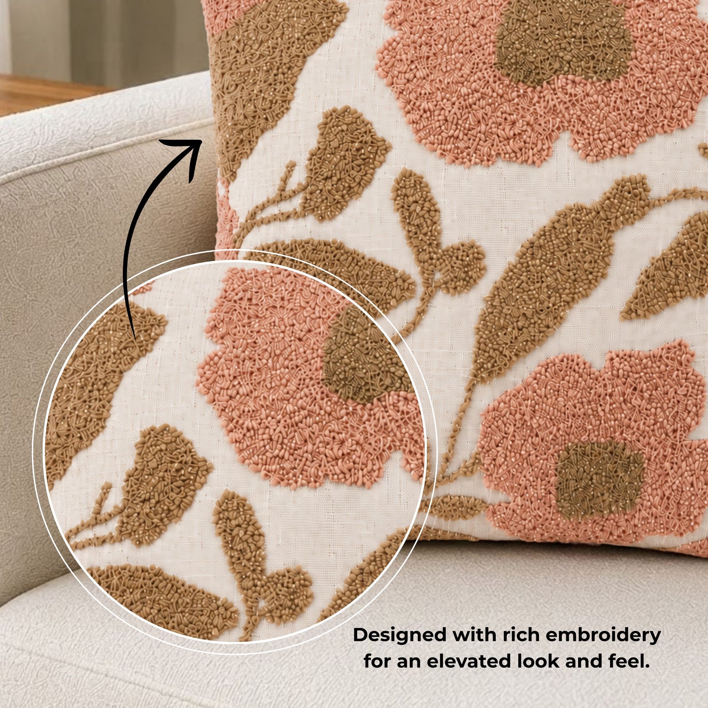 HOKIPO Abstract Floral Tufted Cushion Cover 16x16 Inch for Sofa, Pink & Beige