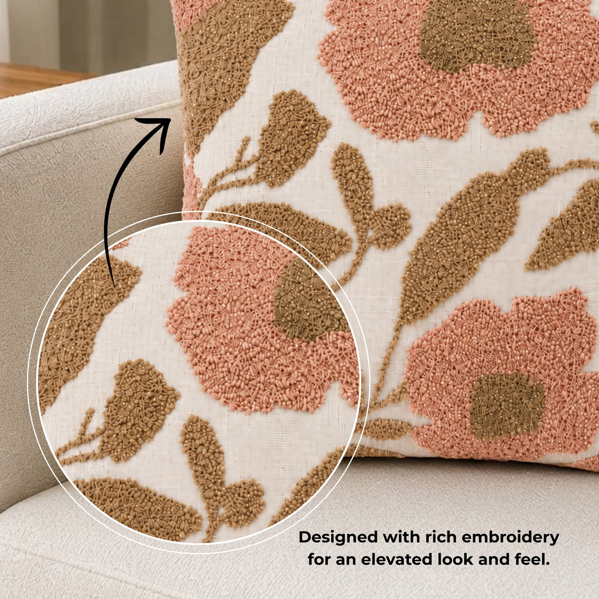 HOKIPO Abstract Floral Tufted Cushion Cover 16x16 Inch for Sofa, Pink & Beige
