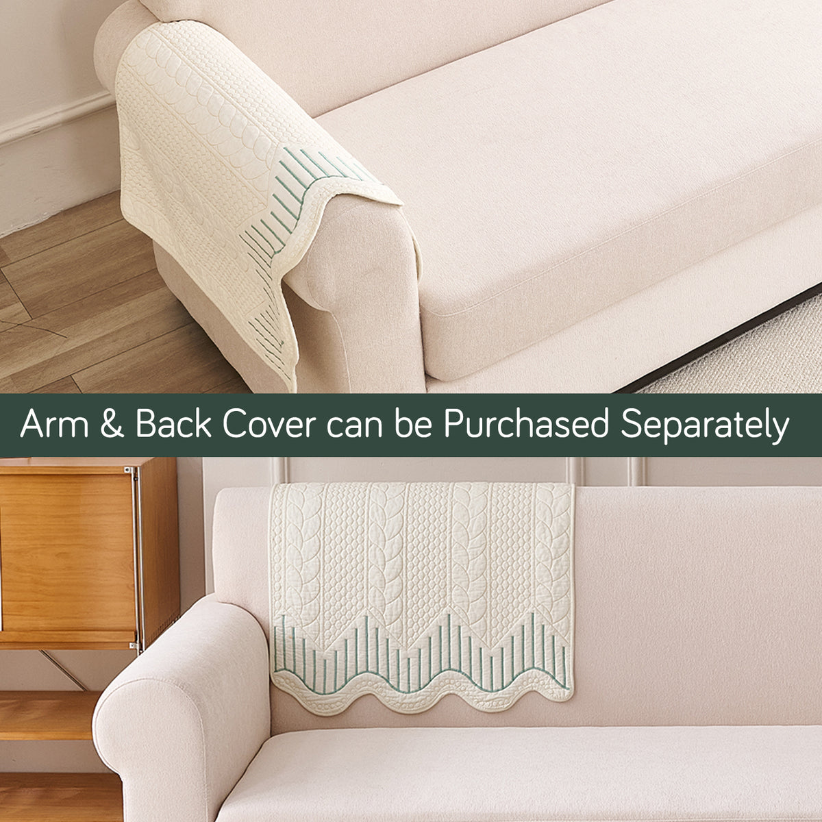 Cotton Reverie with a Curved Wavy Edge Sofa Mat, Greenish Cream