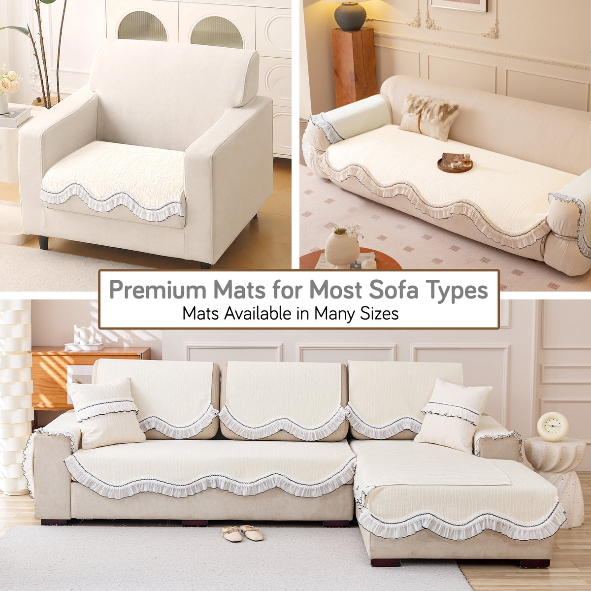 French Lace & Luxe with White Ruffle Edge Sofa Cover Mat, Pearl Sheen White